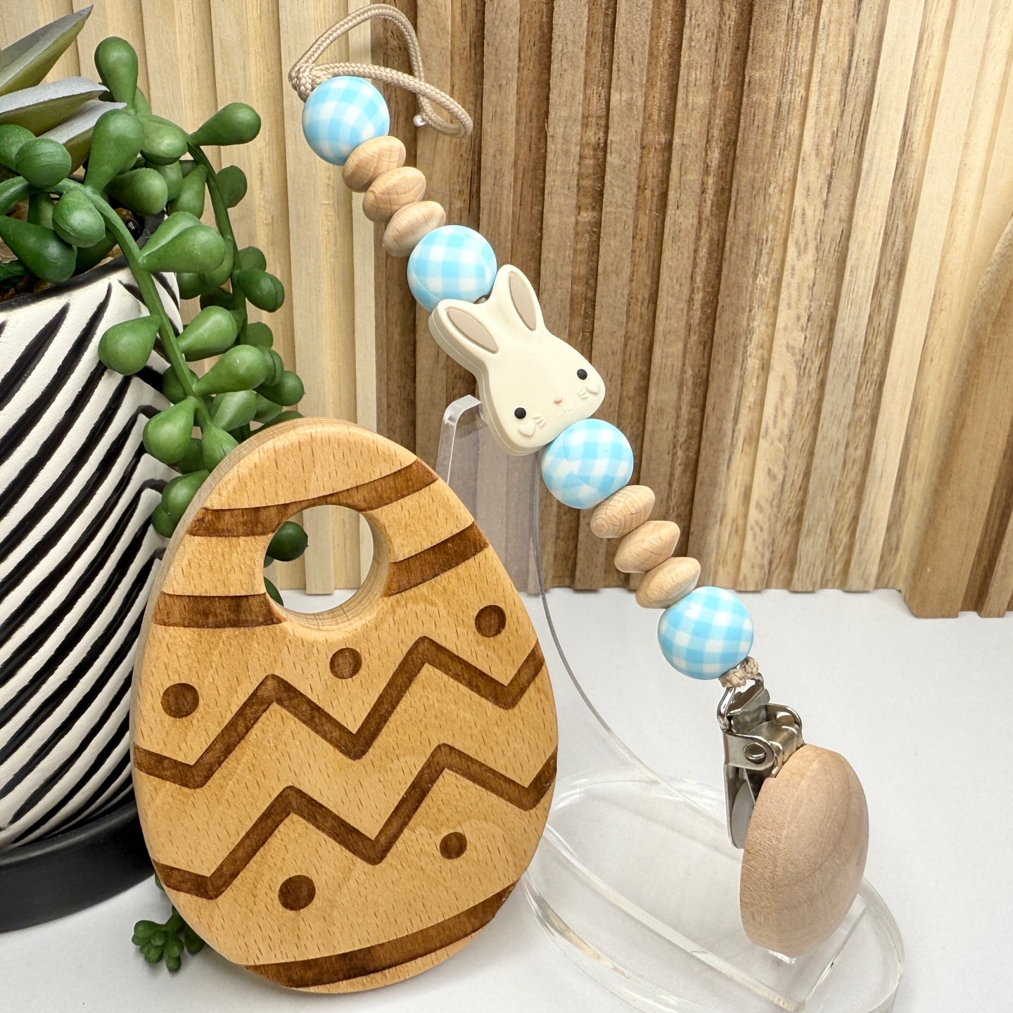 Bunny Egg Wood Pacifier Clip Set